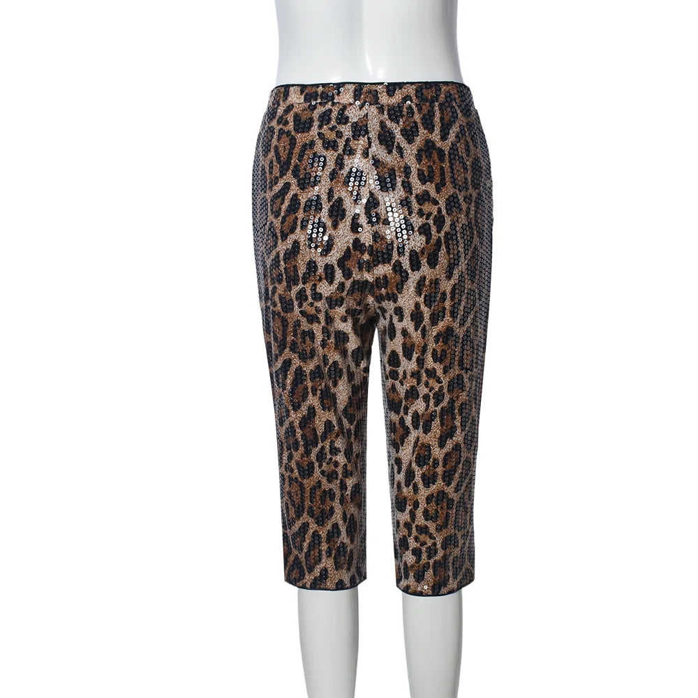 Women's Leopard Print Sequin Shorts – Sexy Knee-Length Clubwear, Slim Fit Party Pants for Evening & Street Style 