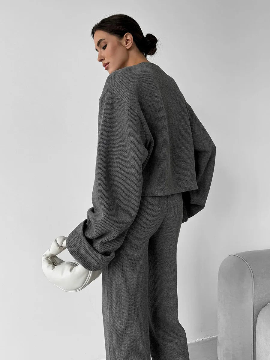 Tornova Women's Elegant Knit Two-Piece Set – Zipper Jacket & Wide-Leg Pants Casual Outfit