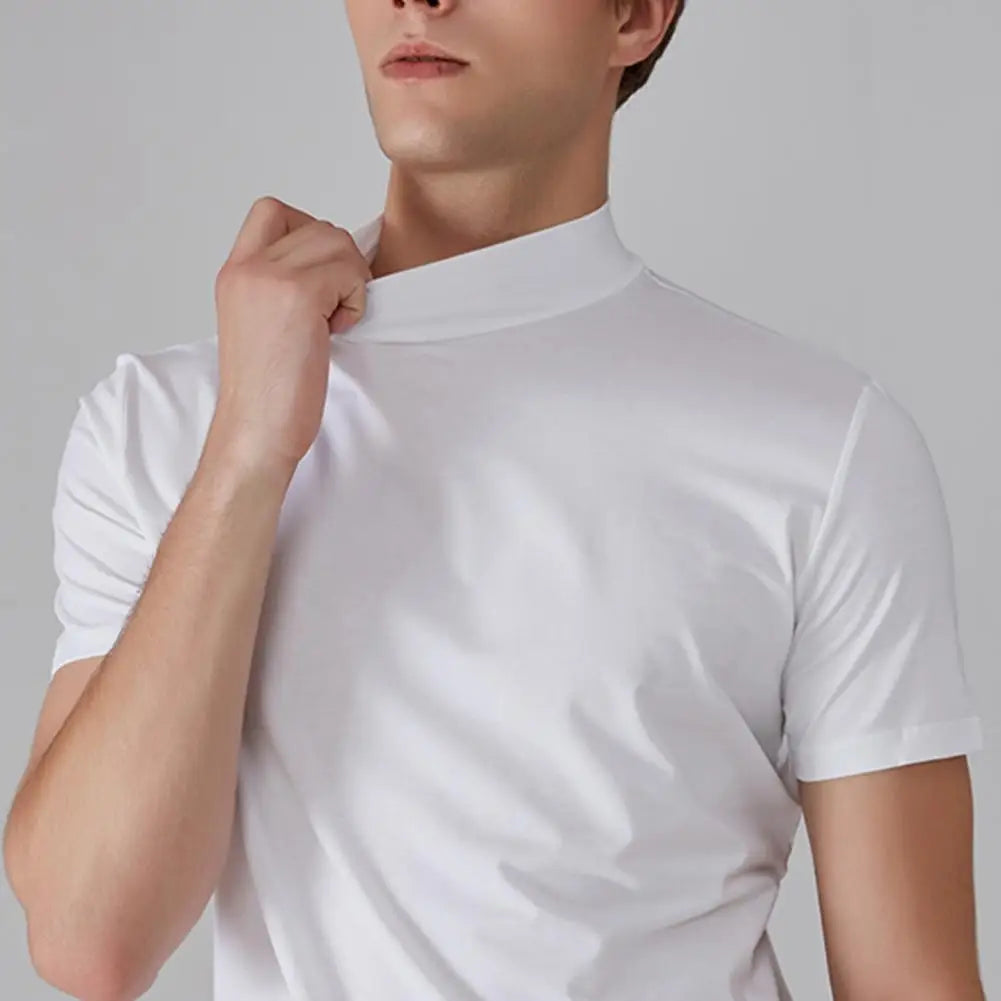 Slim Fit Men’s Half-Turtleneck T-Shirt – Casual Summer Short Sleeve, Solid Color, Elastic and Lightweight Pullover Tee