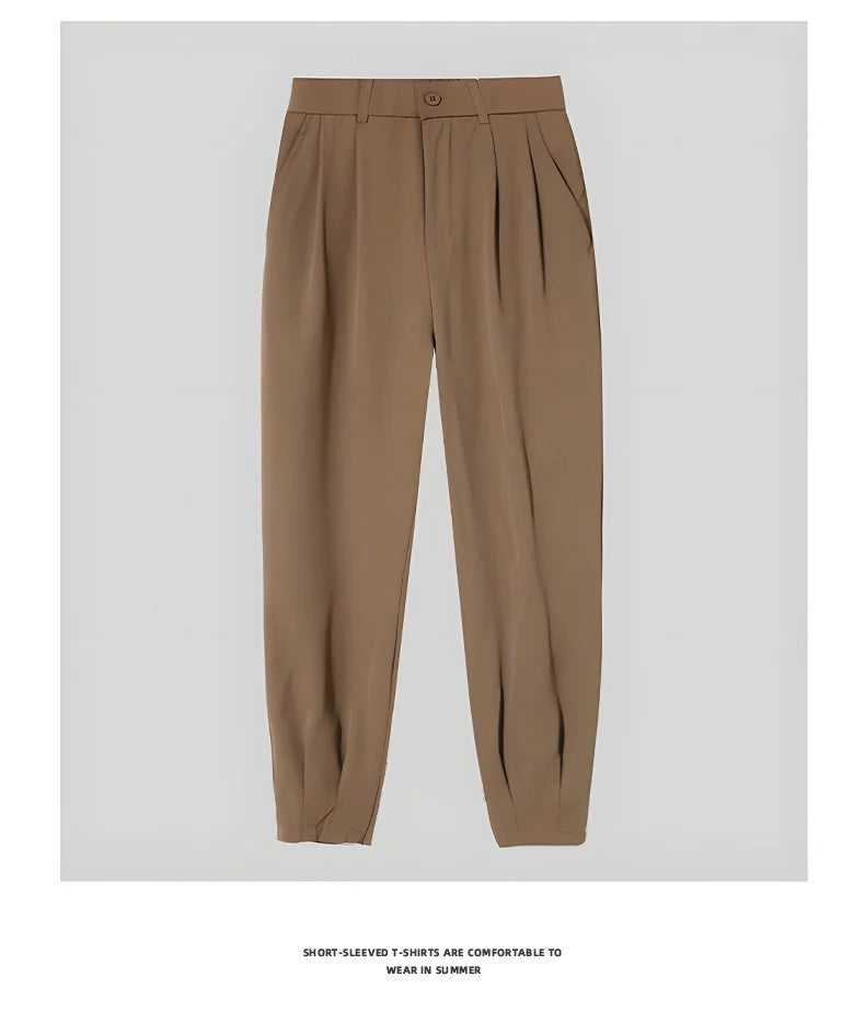 Men’s Spring & Summer Casual Solid Color Ice Silk Trousers — Korean Style Slim Ankle Pants with Zipper Detail, Smooth & Lightweight for a Handsome Look