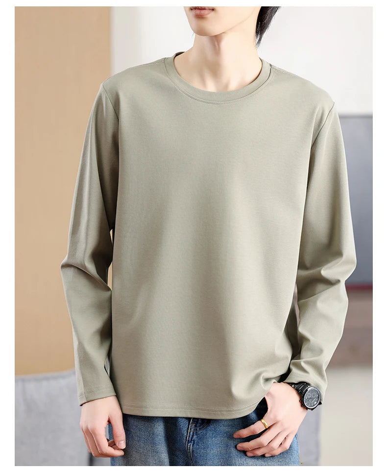 Men's Summer Long Sleeve T-shirt – Solid Color, Round Neck, Casual Style, Made from Mercerized Cotton