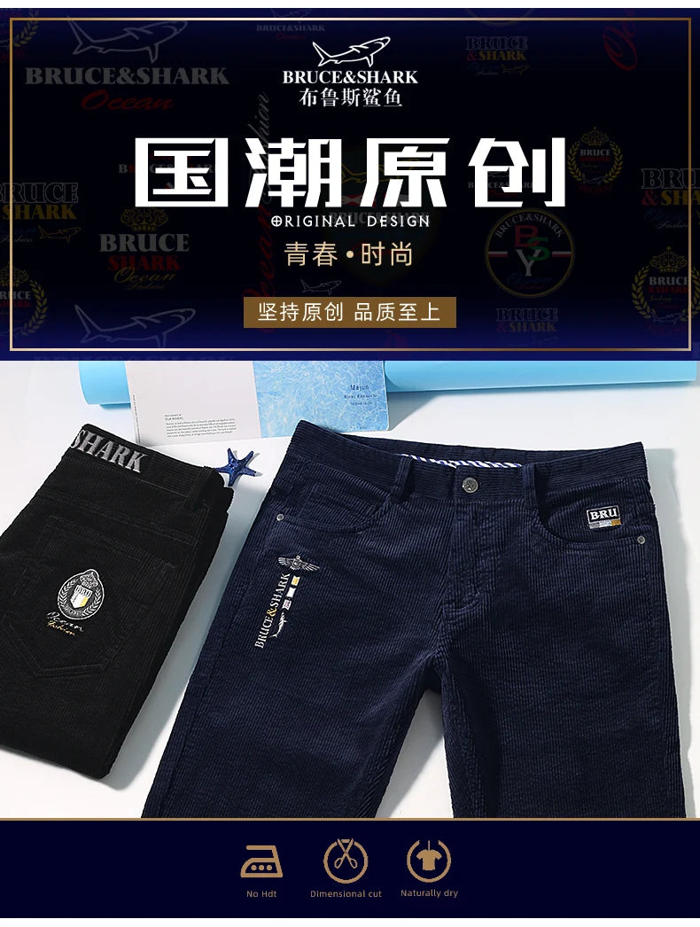 Men’s New Winter Stretch Corduroy Pants by Bruce & Shark – Thickened Cotton Casual Trousers, Loose Fit, Mid-Rise, Fashionable, Available up to Size 40