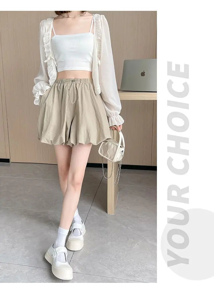 Women's High-Waist Lantern Shorts – Casual Summer Streetwear with Pockets, Relaxed Fit for Students, Youth, and Everyday Wear