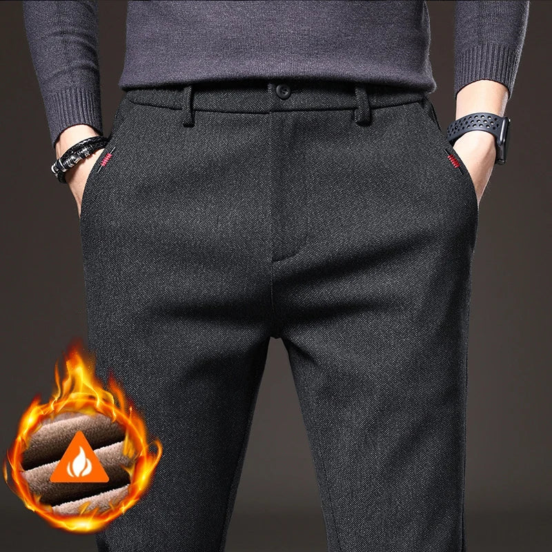 Men's Winter Fleece-Lined Slim Fit Pants – Thick Warm Straight-Leg Casual Business Trousers (Sizes 28-38)