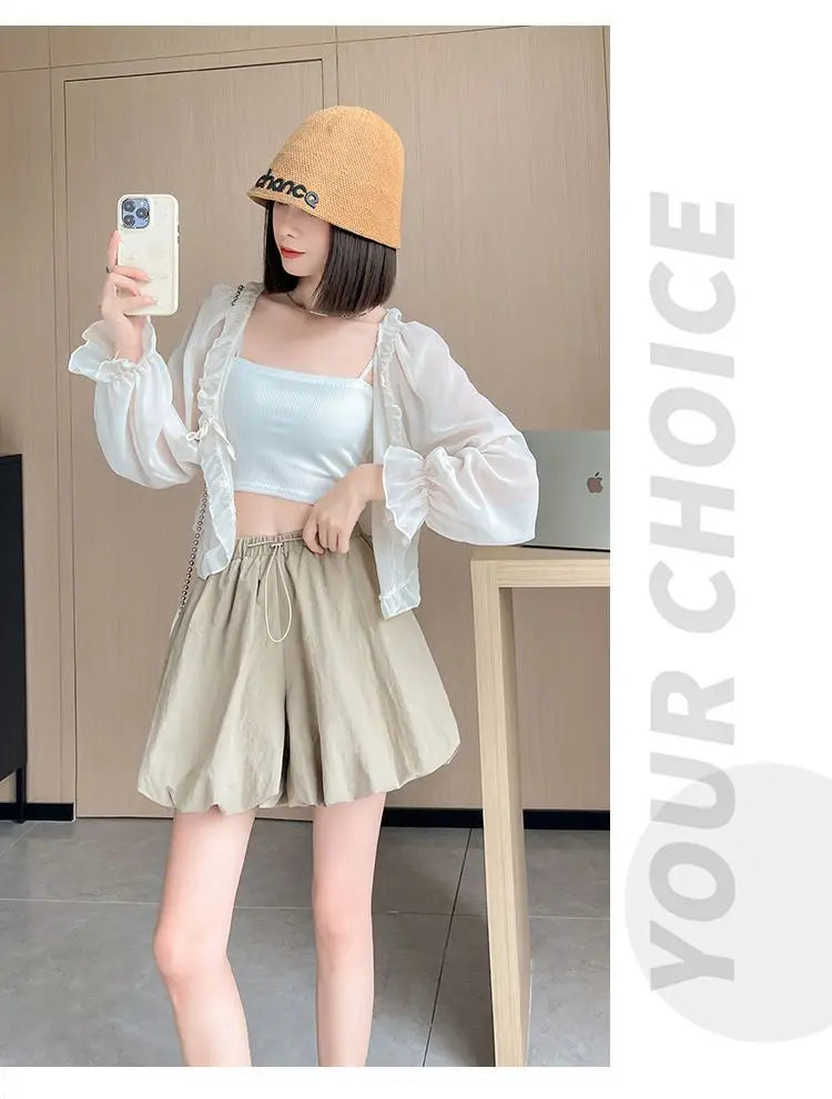 Women's High-Waist Lantern Shorts – Casual Summer Streetwear with Pockets, Relaxed Fit for Students, Youth, and Everyday Wear