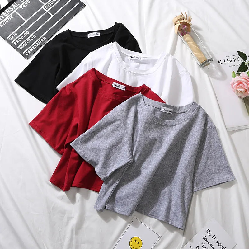 Women’s Summer Casual Cotton Short Sleeve Crop Top – Solid Color O-Neck Loose Fit T-ShirtT