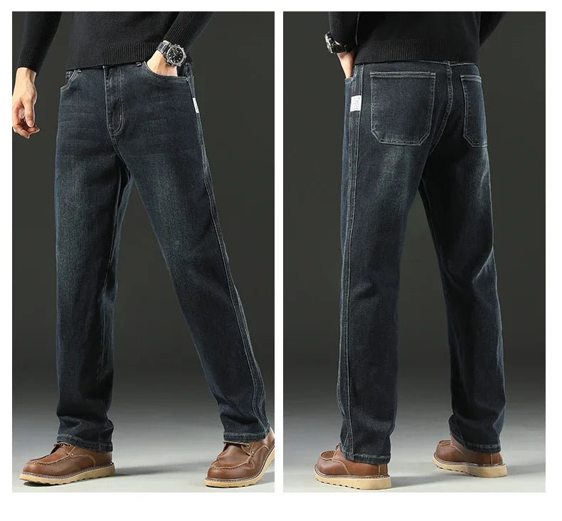 2025 Spring Men's High-Waist Spliced Washed Denim Jeans – Loose Straight Fit Stretch Cotton Blend Casual Brand Trousers 