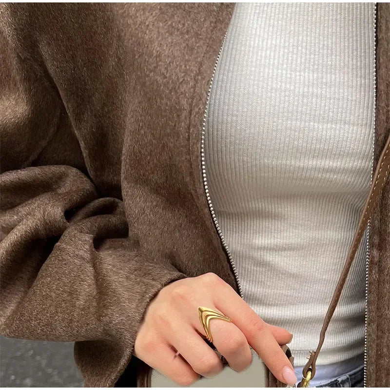 Women's Vintage Short Wool Blend Coat – Casual Zipper Jacket with Lapel Collar, Long Sleeves, Cozy Autumn 2024 Streetwear