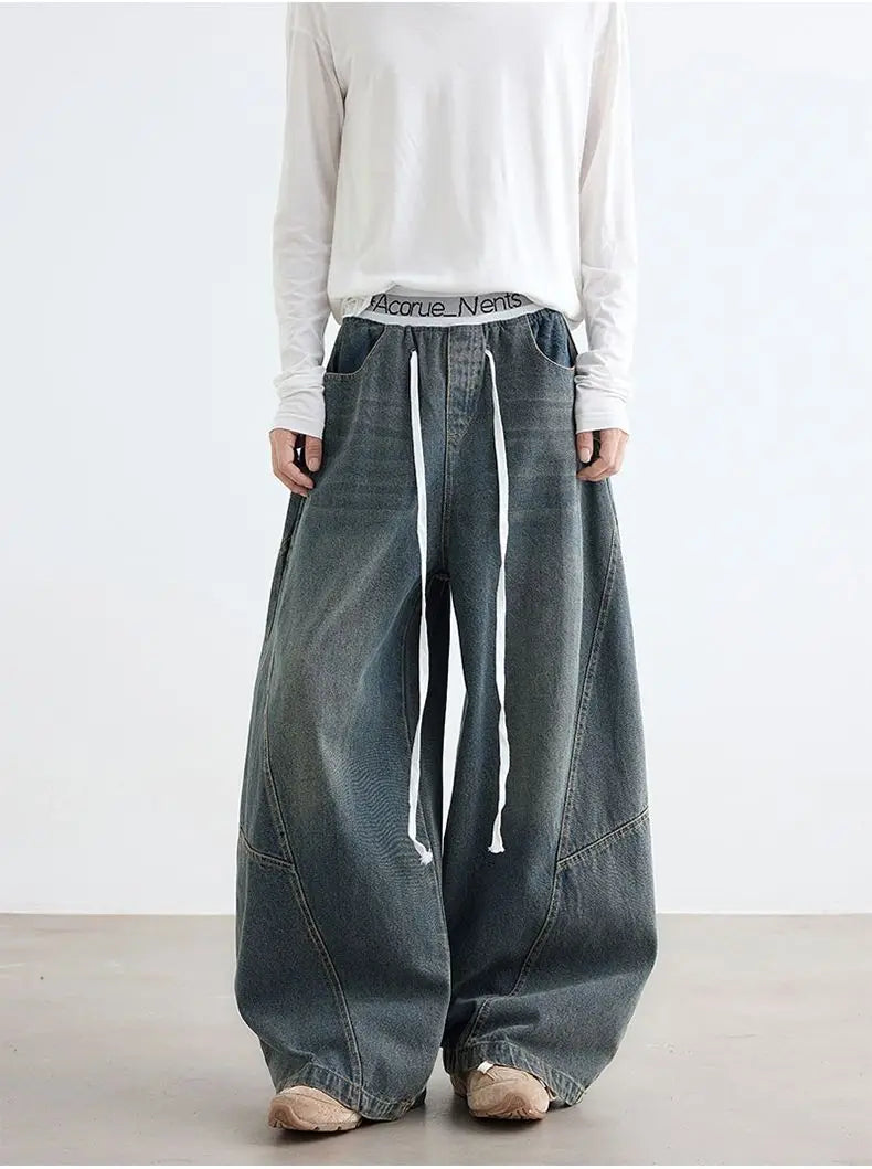 New American Style Men’s Stretch Wide-Leg Cowboy Jeans – Retro Washed Loose Fit Denim for Autumn & Winter 