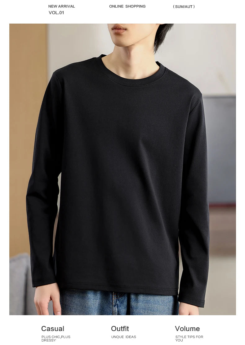 Men's Summer Long Sleeve T-shirt – Solid Color, Round Neck, Casual Style, Made from Mercerized Cotton