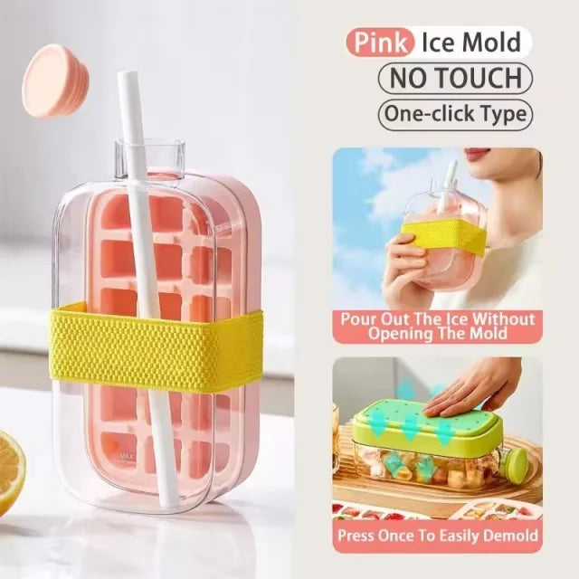 No-Spill Ice Cube Tray with Lid – Touch-Free Silicone Ice Mold for Freezer with Straw & Cable Tie