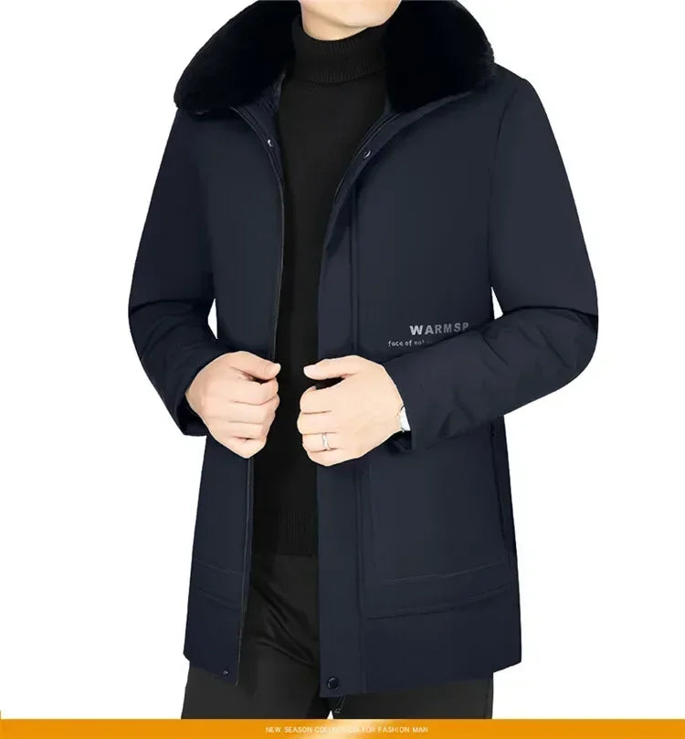 Men’s Solid Winter Parka with Fur Hood – Loose, Waterproof Fleece-Lined Vintage Streetwear Jacket
