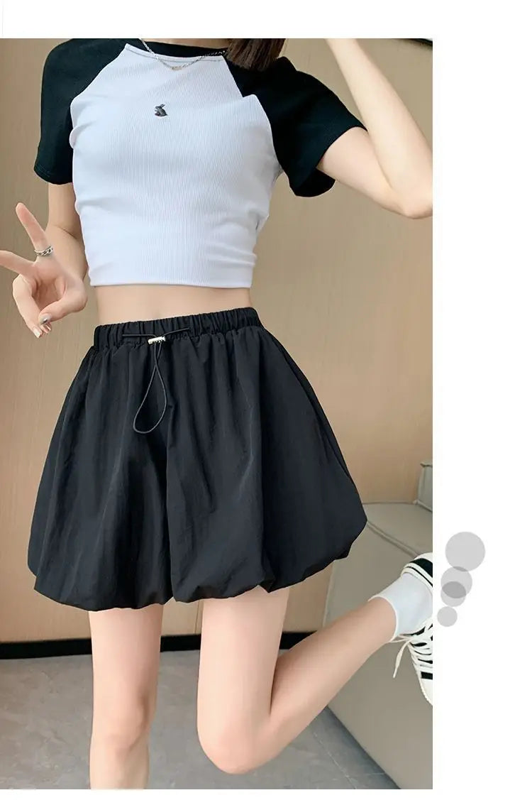 Women's High-Waist Lantern Shorts – Casual Summer Streetwear with Pockets, Relaxed Fit for Students, Youth, and Everyday Wear
