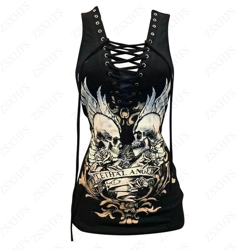 Vintage Gothic Skull Print T-Shirt for Women – Y2K Punk Streetwear Style, 90s Inspired Bandage Detail Casual Emo Grunge Top
