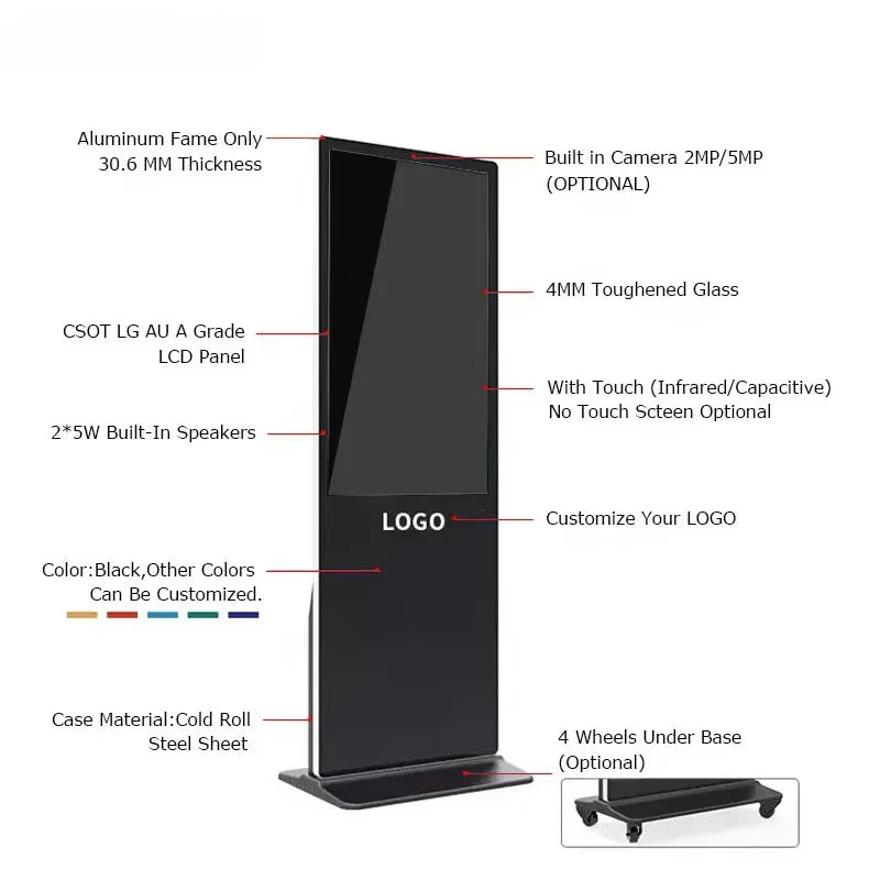55-Inch Floor-Standing Interactive Touchscreen Kiosk – Vertical LCD Digital Signage Advertising Display Panel