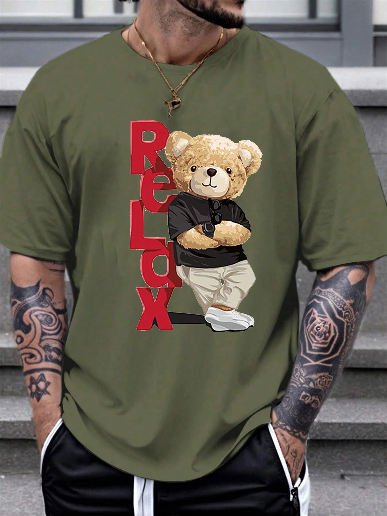 Men’s Summer Casual Loose Fit T-Shirt with Bear Letter Print, 100% Cotton, Round Neck, Short Sleeve, Plus Size Sports Tee