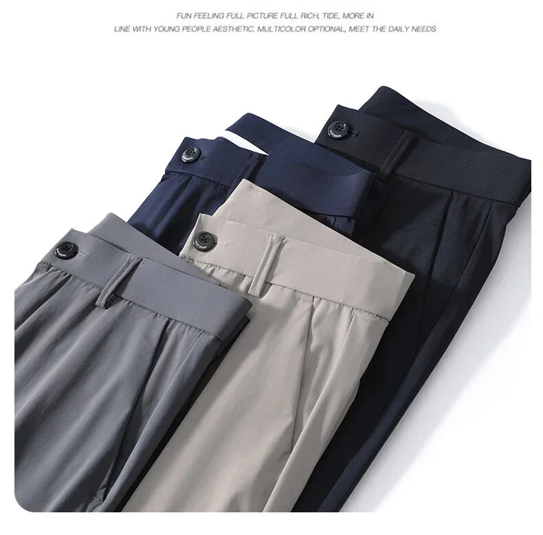 Men's Summer Lightweight Stretch Suit Pants – Slim Fit Korean Style Business Casual Trousers with Elastic Waist