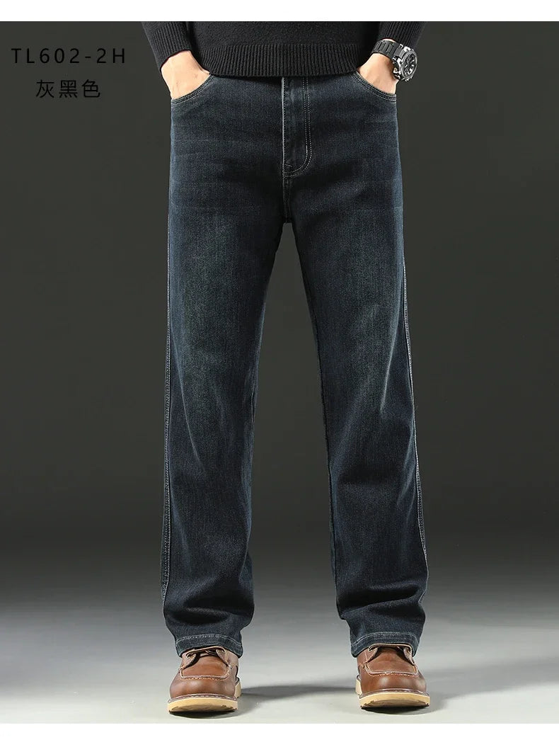 2025 Spring Men's High-Waist Spliced Washed Denim Jeans – Loose Straight Fit Stretch Cotton Blend Casual Brand Trousers 
