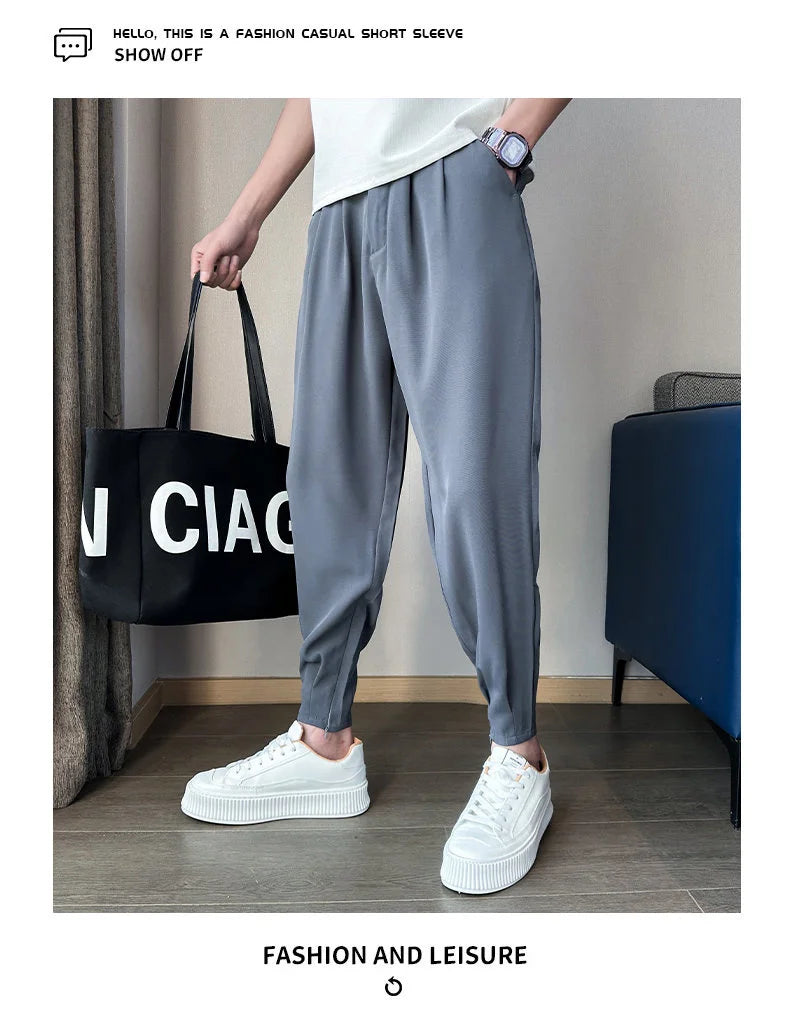 Men’s Spring & Summer Casual Solid Color Ice Silk Trousers — Korean Style Slim Ankle Pants with Zipper Detail, Smooth & Lightweight for a Handsome Look