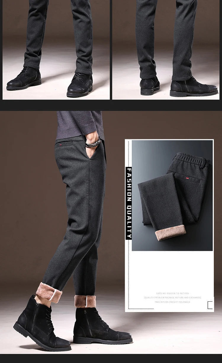 Men's Winter Fleece-Lined Slim Fit Pants – Thick Warm Straight-Leg Casual Business Trousers (Sizes 28-38)