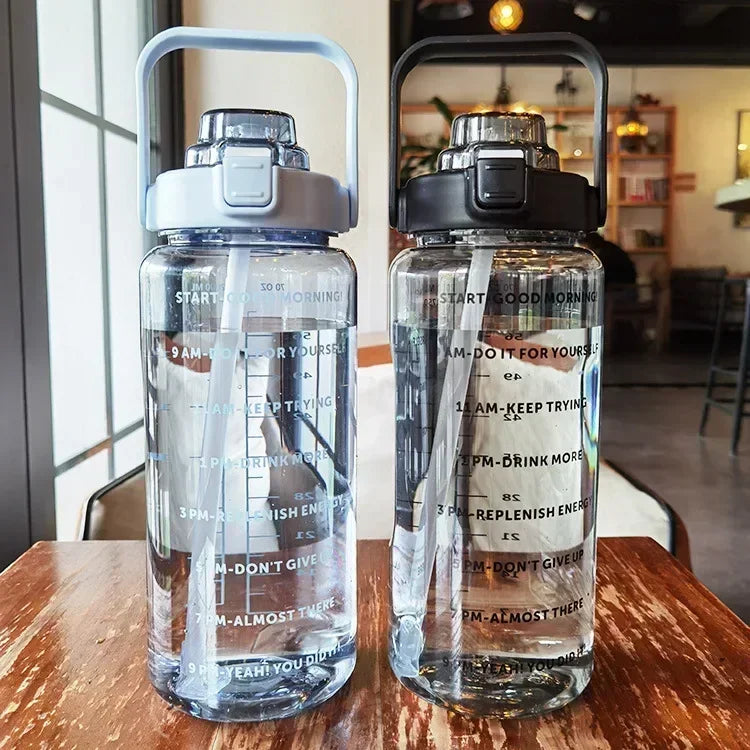 2L Large Capacity Sports Water Bottle with Straw – Time Marker Leakproof Plastic Cup for Fitness & Outdoor Use