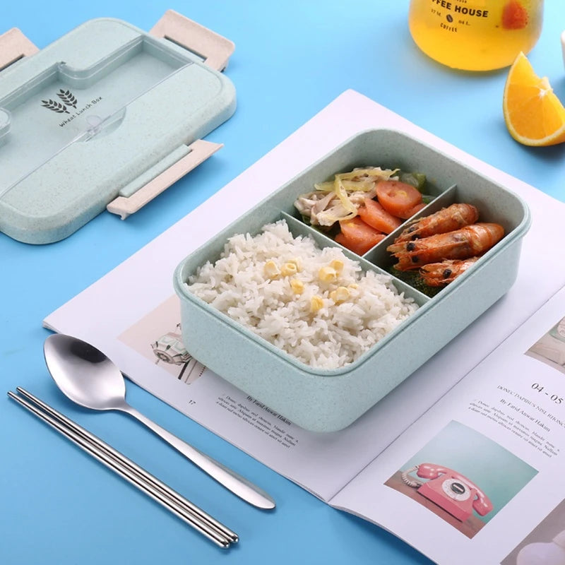 Microwaveable Bento Lunch Box with Spoon & Chopsticks – Wheat Straw Food Container for Kids, School & Office