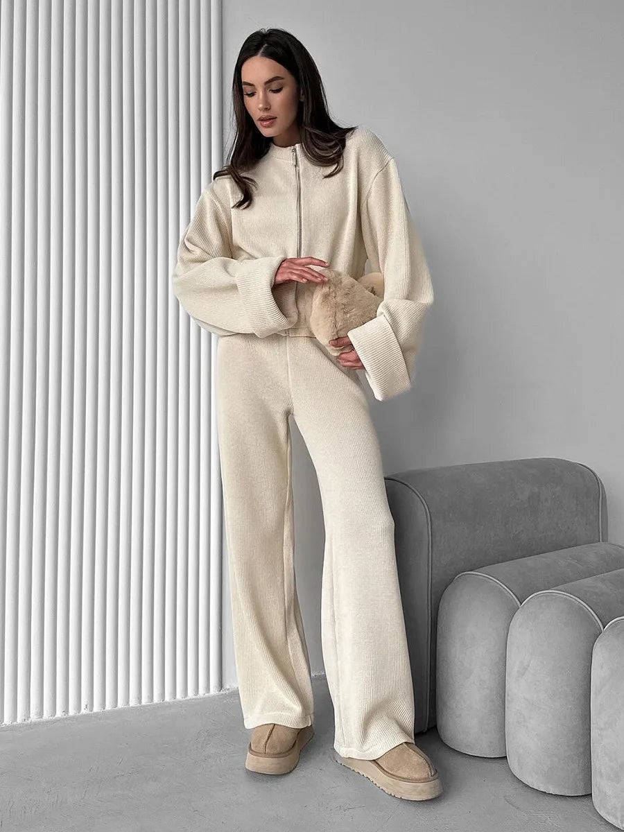 Tornova Women's Elegant Knit Two-Piece Set – Zipper Jacket & Wide-Leg Pants Casual Outfit
