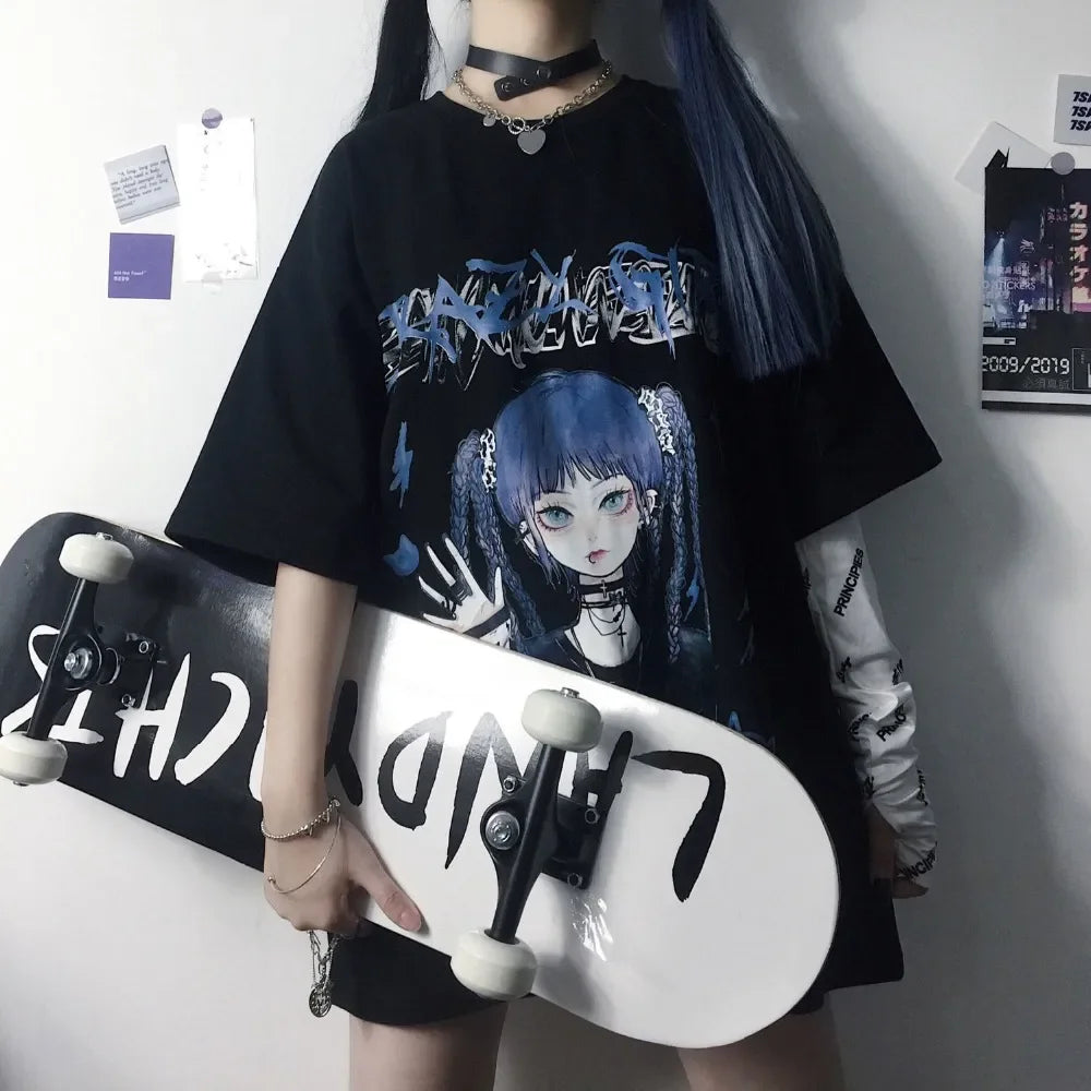 Women's Gothic Harajuku Loose T-Shirt – Aesthetic Dark Grunge Y2K Streetwear Top