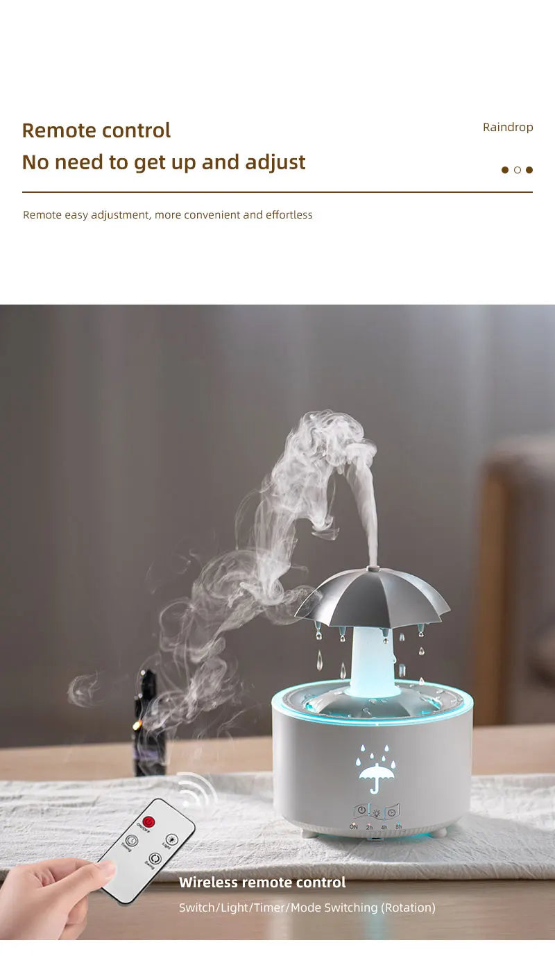 Cloud Rain Aroma Diffuser with Humidifier, Raindrop Design, Remote-Controlled Night Light, Desktop Water Fountain with Soothing Water Drop Sounds for Home Use