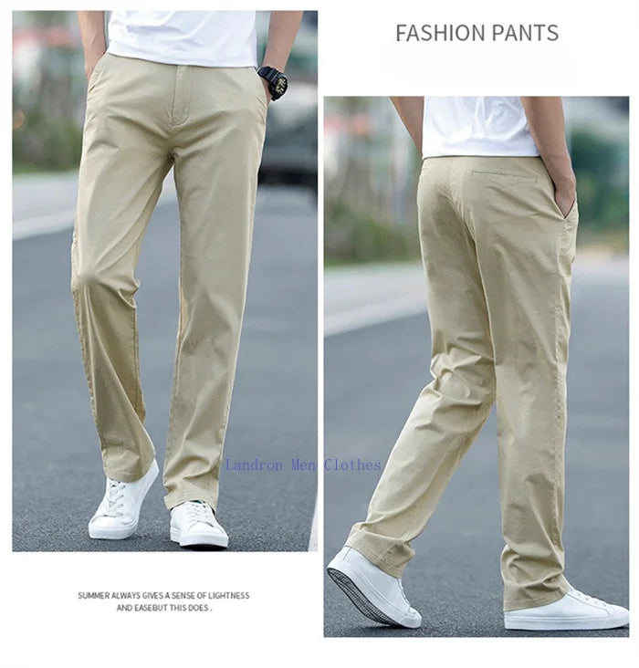 Men's Summer Lightweight Stretch Chino Pants – Loose Fit Cotton Trousers in Khaki, Blue, and Black – Plus Sizes 42 & 44