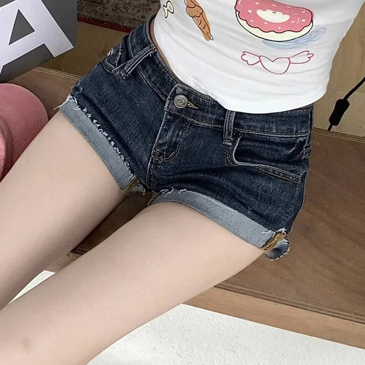 2024 New Summer Women’s Y2K Style Denim Shorts, Sexy Low-Waist Hot Pants, Korean Deep Blue Hip-Hugging Jeans