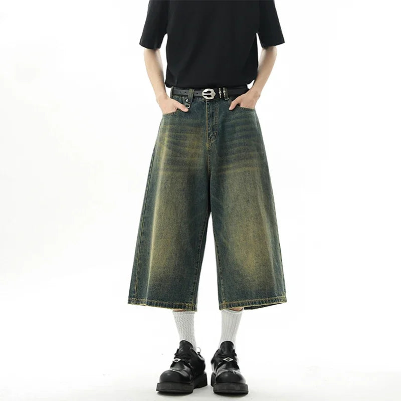 Men's Baggy Denim Shorts – Retro Y2K Casual Wide-Leg Calf-Length Jeans for Summer Streetwear