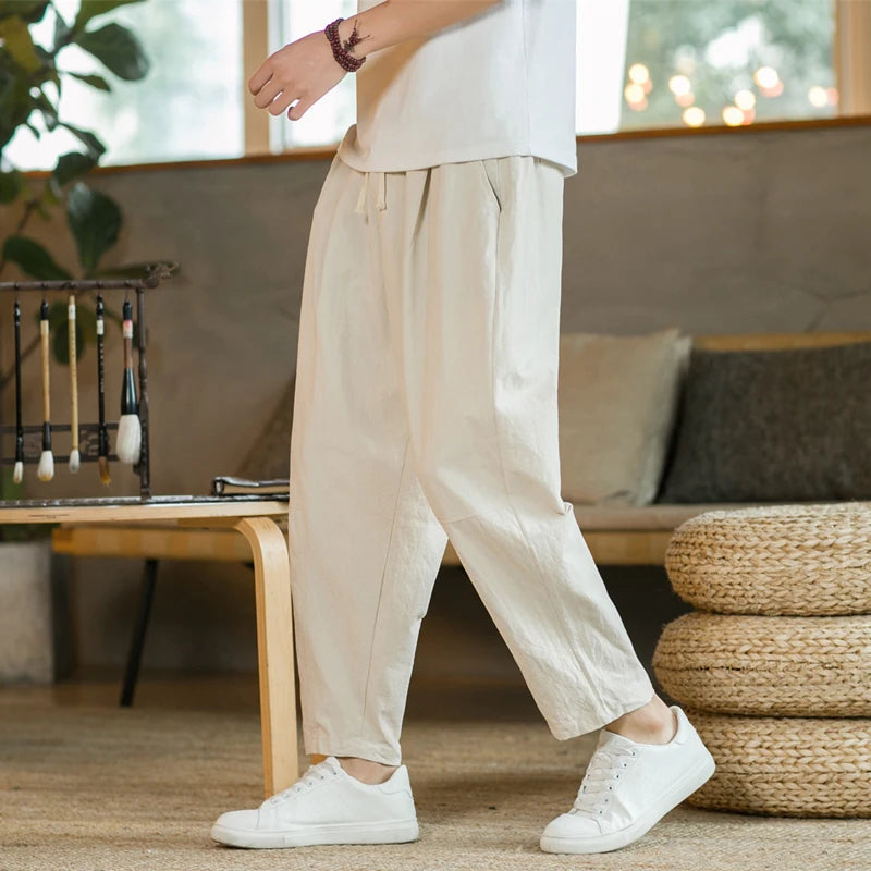 Men's Casual Cotton-Linen Pants – Breathable Loose-Fit Straight-Leg Drawstring Trousers in Solid Colors, Stylish Summer Streetwear