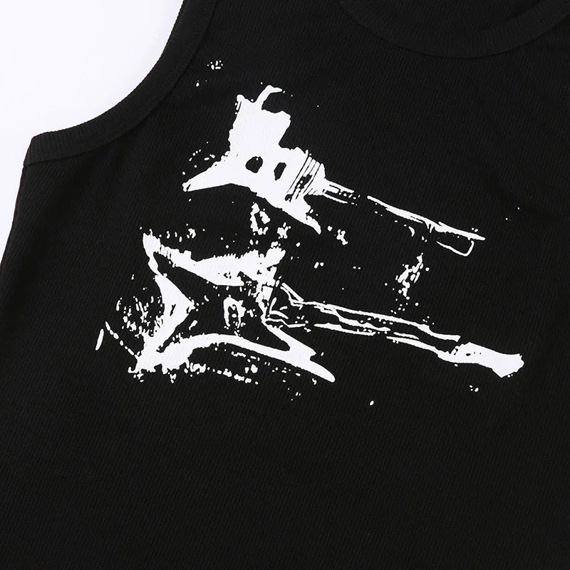 Y2K Ribbed Sleeveless Crop Tank Top for Women – Guitar Print Grunge Harajuku 90s Streetwear Casual Vest Tee