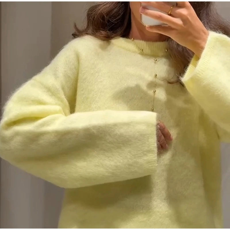 Women's Cozy Mohair Striped Knit Sweater – Warm O-Neck Pullover with Full Sleeves, Autumn 2025 Fashion