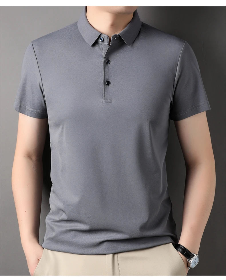 Premium Men's Polo Shirt – Luxury Summer Short Sleeve Casual Top Made with 4.7% Mulberry Silk – Plain Design, Elegant and Stylish 