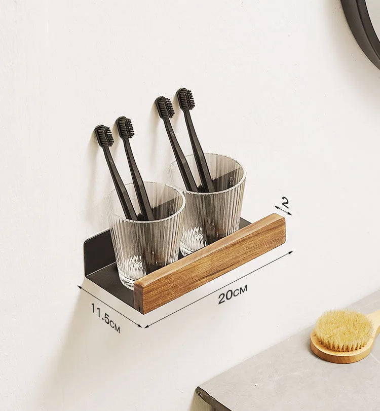 No-Drill Wall-Mounted Solid Wood Corner Bathroom Shelf — Shower Storage Rack and Toilet Shampoo Holder