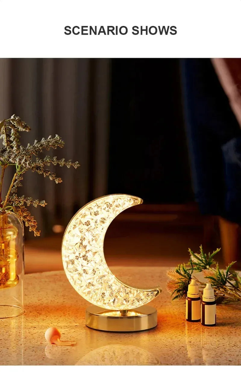 Rechargeable Crystal Touch Dimmable Night Lamp for Bedroom, Girls’ Room, USB LED Ambient Table Light with 3D Moon Design