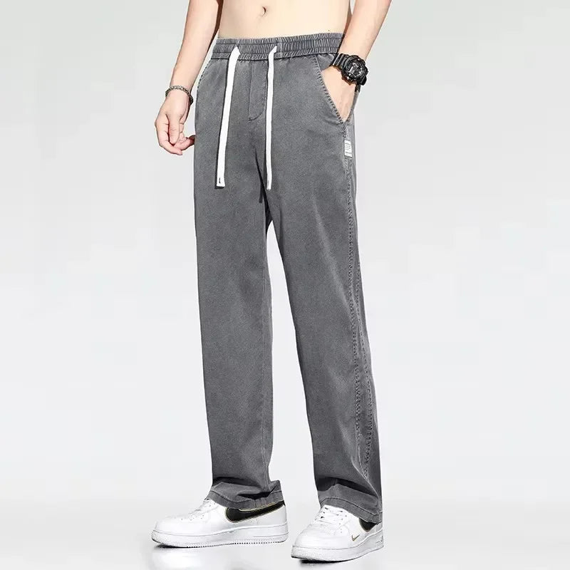 2025 Summer Men's Lightweight Lyocell Jeans – Loose Fit, Straight-Leg Casual Pants with Elastic Waist and Drawstring, Korean Style 