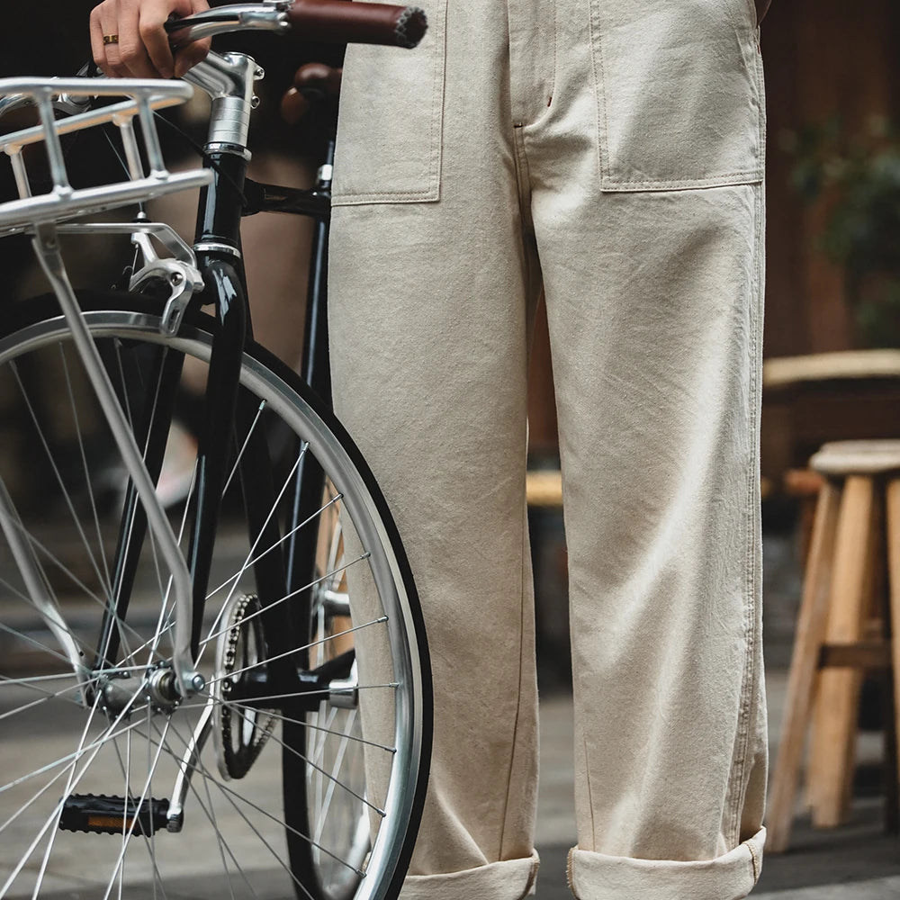 Maden Men's 11.2oz Retro White Cotton Denim Jeans – Loose Straight Fit Casual Long Pants, Streetwear-Inspired Cargo Sweatpants