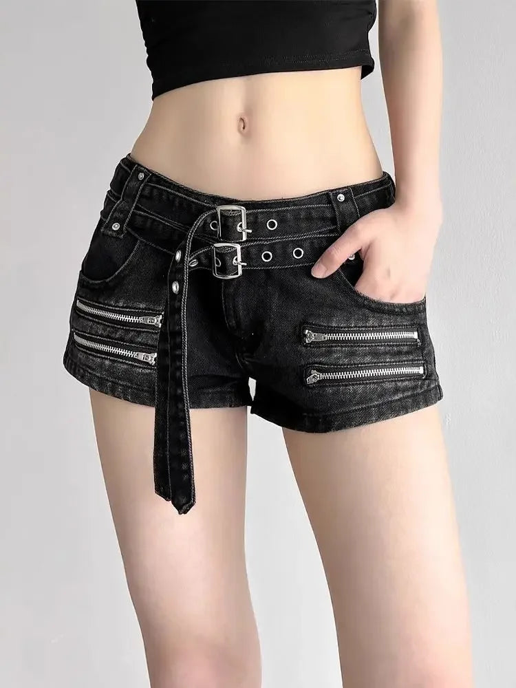 Women's Y2K Gothic Low-Rise Denim Mini Shorts – Retro 90s Punk Streetwear with Zipper Detail
