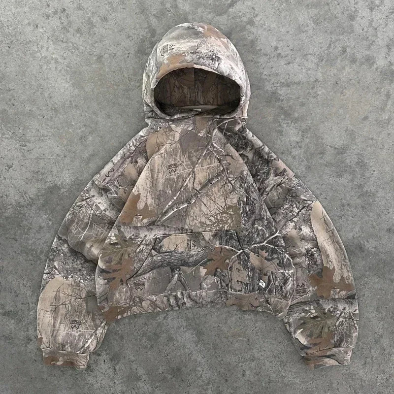Y2K Camouflage Leaf Print Hoodie – Unisex Retro Streetwear Loose Fit Hip Hop Sweatshirt for Men & Women