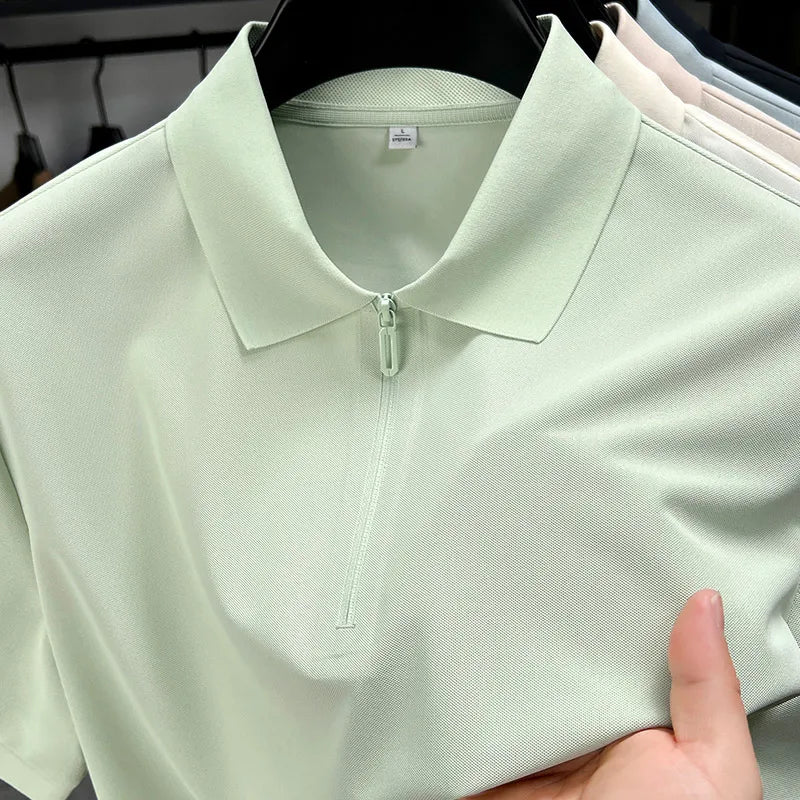 Men’s Slim Fit Half-Zip Polo Shirt – Light Beige Stretch Cotton Casual Top with Classic Collar