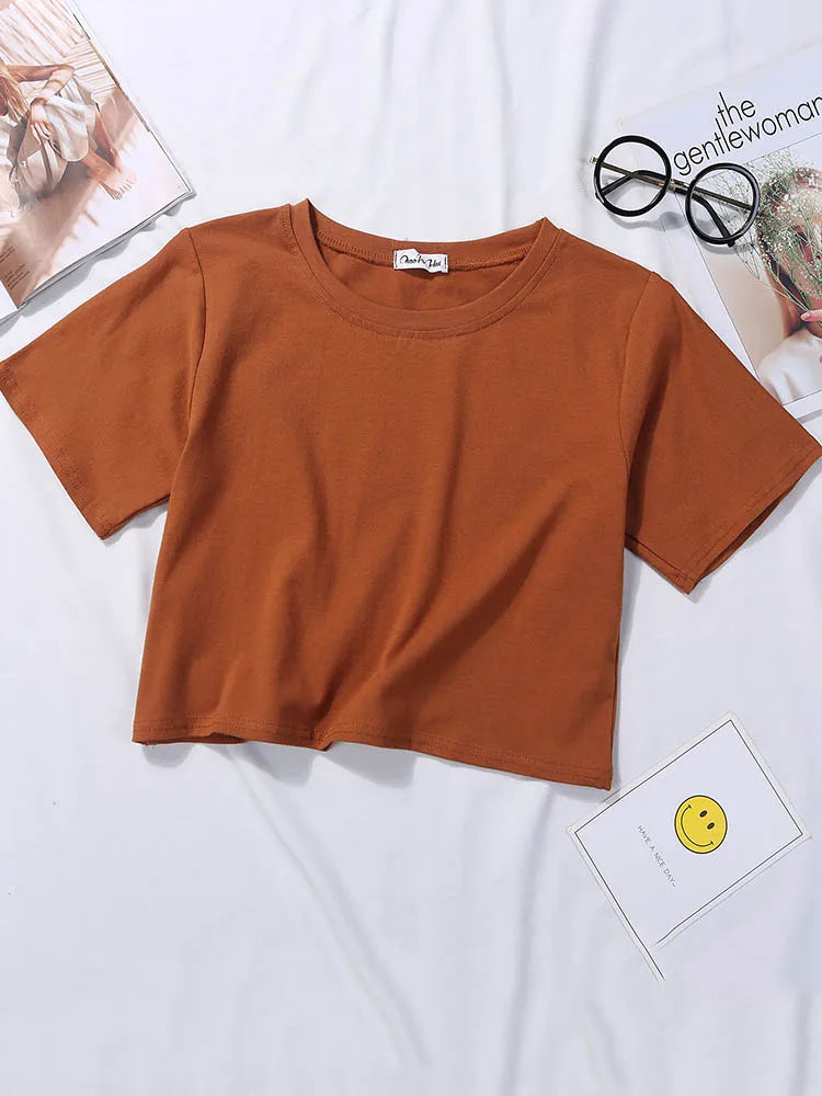 Women’s Summer Casual Cotton Short Sleeve Crop Top – Solid Color O-Neck Loose Fit T-ShirtT