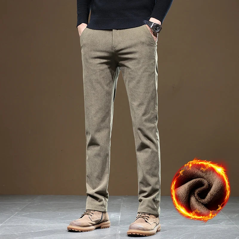 2024 New Men’s Winter Fleece-Lined Corduroy Pants – Slim Fit, Stretchy, Thickened Casual & Business Trousers in Gray & Khaki