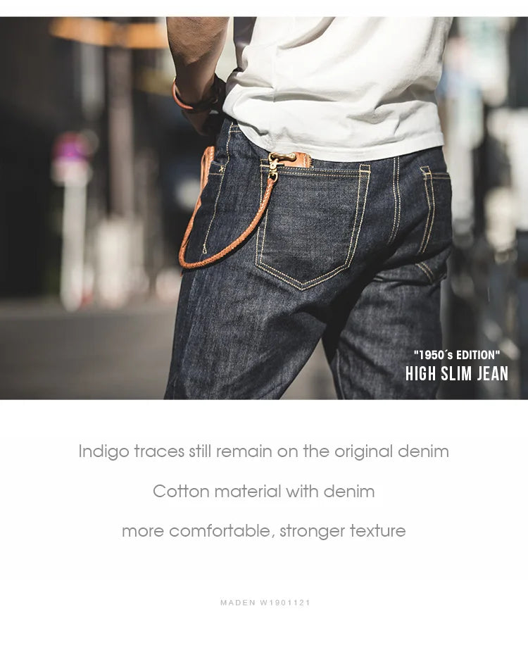 Maden 14oz Raw Selvedge Denim Jeans for Men – Vintage Straight Fit with Horsehide Leather Patch, Paris Buckle Style – Ideal for Spring & Fall
