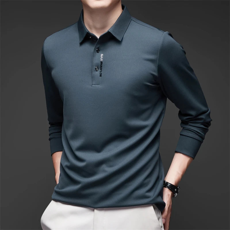 Men's Long Sleeve Polo Shirt – Solid Color, Business Casual, Stylish & Breathable Shirt with Badge Design