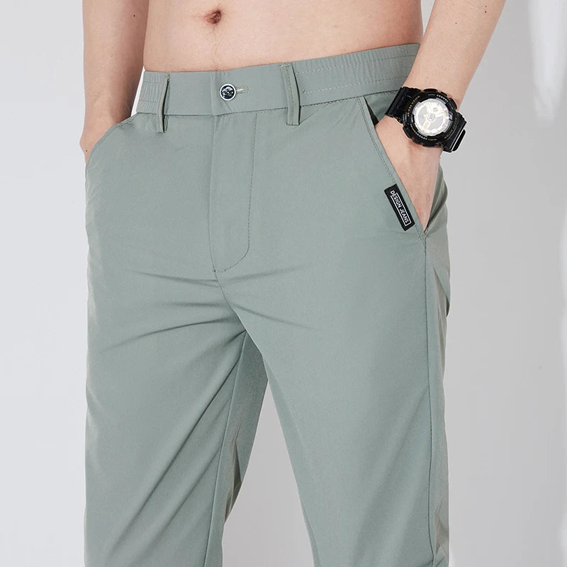 Men's Summer Silk-Feel Stretch Trousers – Lightweight Classic Business Casual Pants with Elastic Waist – Korean Style Smooth Suit Pants in Black or Gray