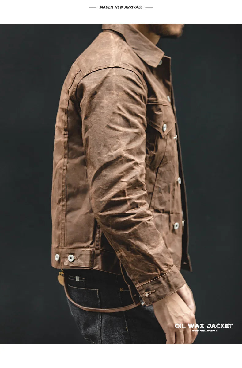 Maden Men's Retro Amekaji Style Oil-Waxed Canvas Jacket – Lightweight Military-Inspired Workwear Coat in Khaki Cotton for Casual and Safari Looks