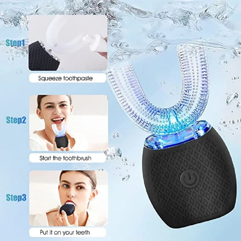 360° U-Shaped Sonic Electric Toothbrush – Hands-Free Silicone Auto Brush with Blue Light Whitening Technology